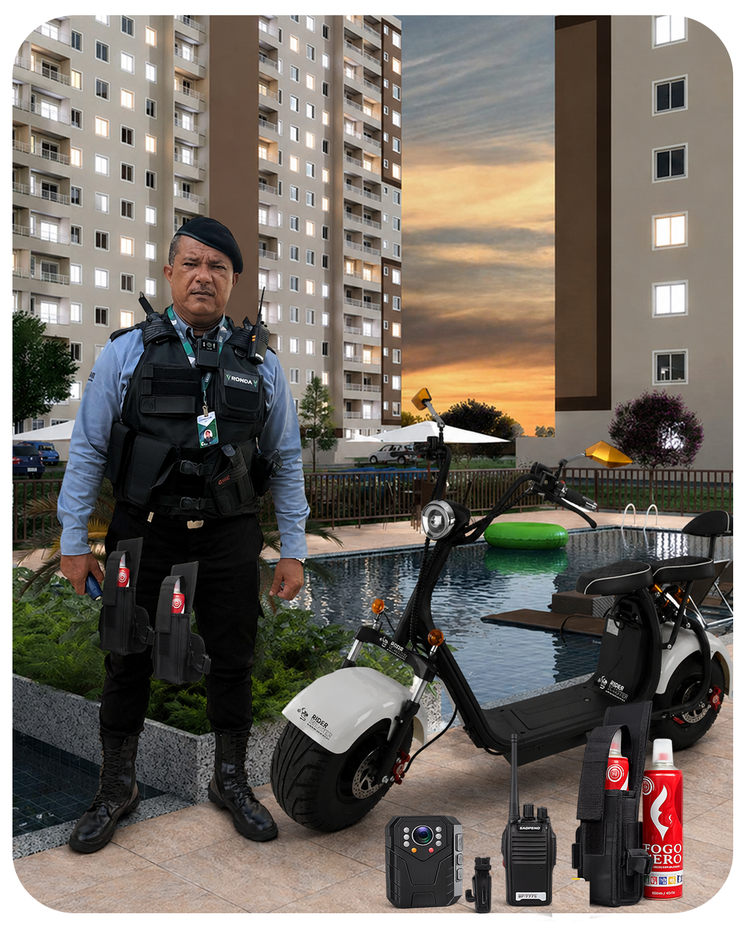 Profissional de ronda da Vigon equipado com bodycam, rádio, patinete elétrico e Fogo Zero